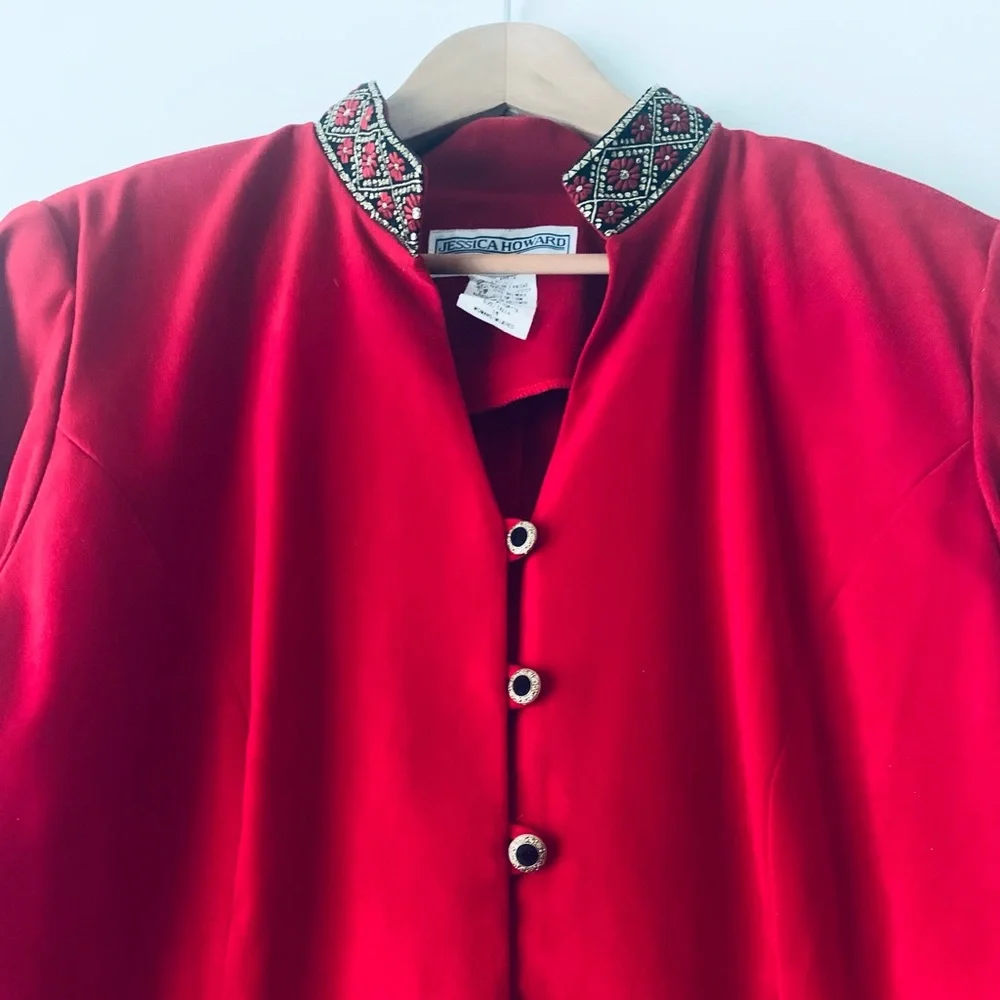 Vintage Jessica Howard Red Embroidered Trim Blazer Jacket Women Size 18 Holiday